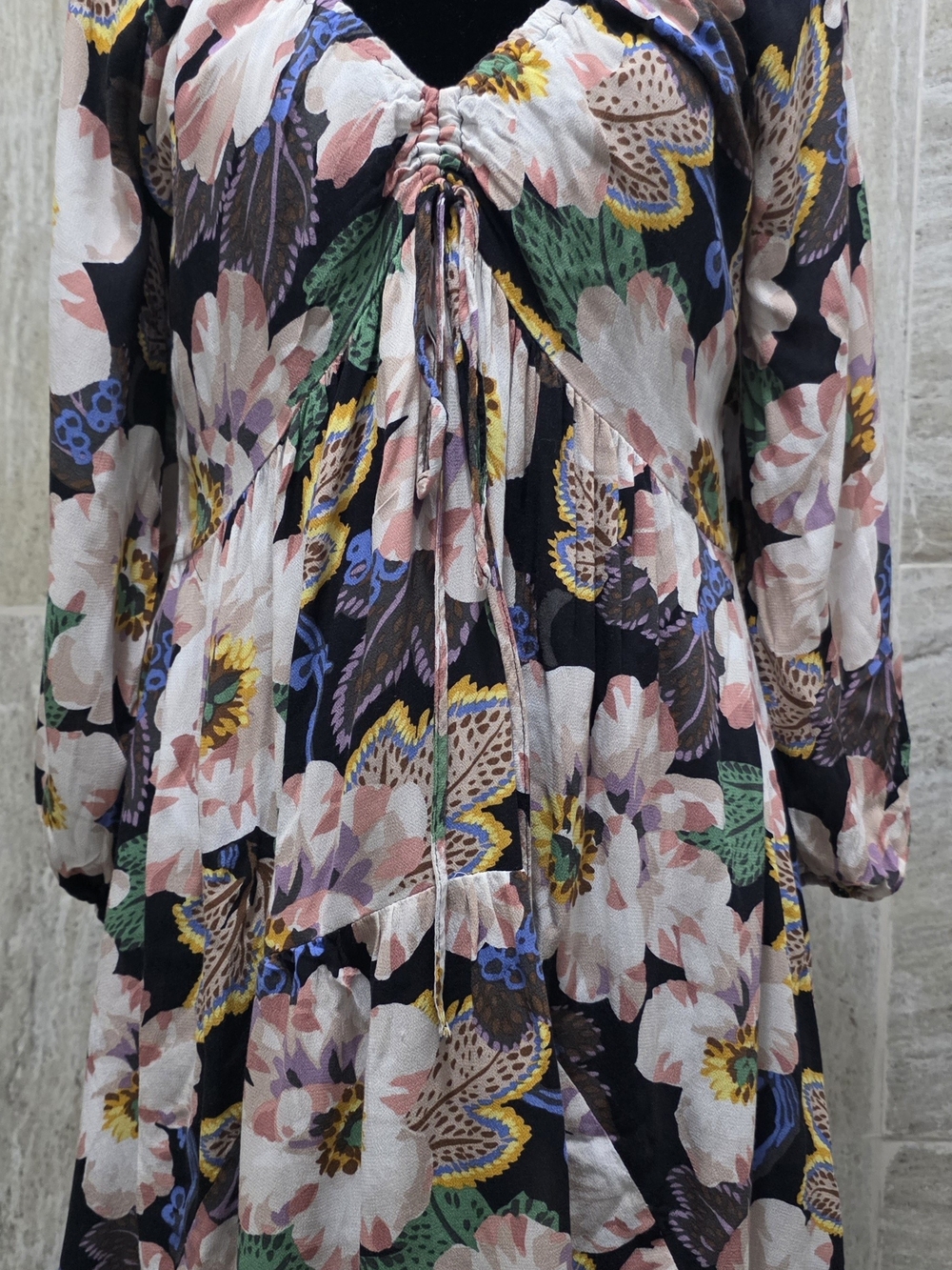 Anthropologie Black Floral Tie-Front Long-Sleeve Dress